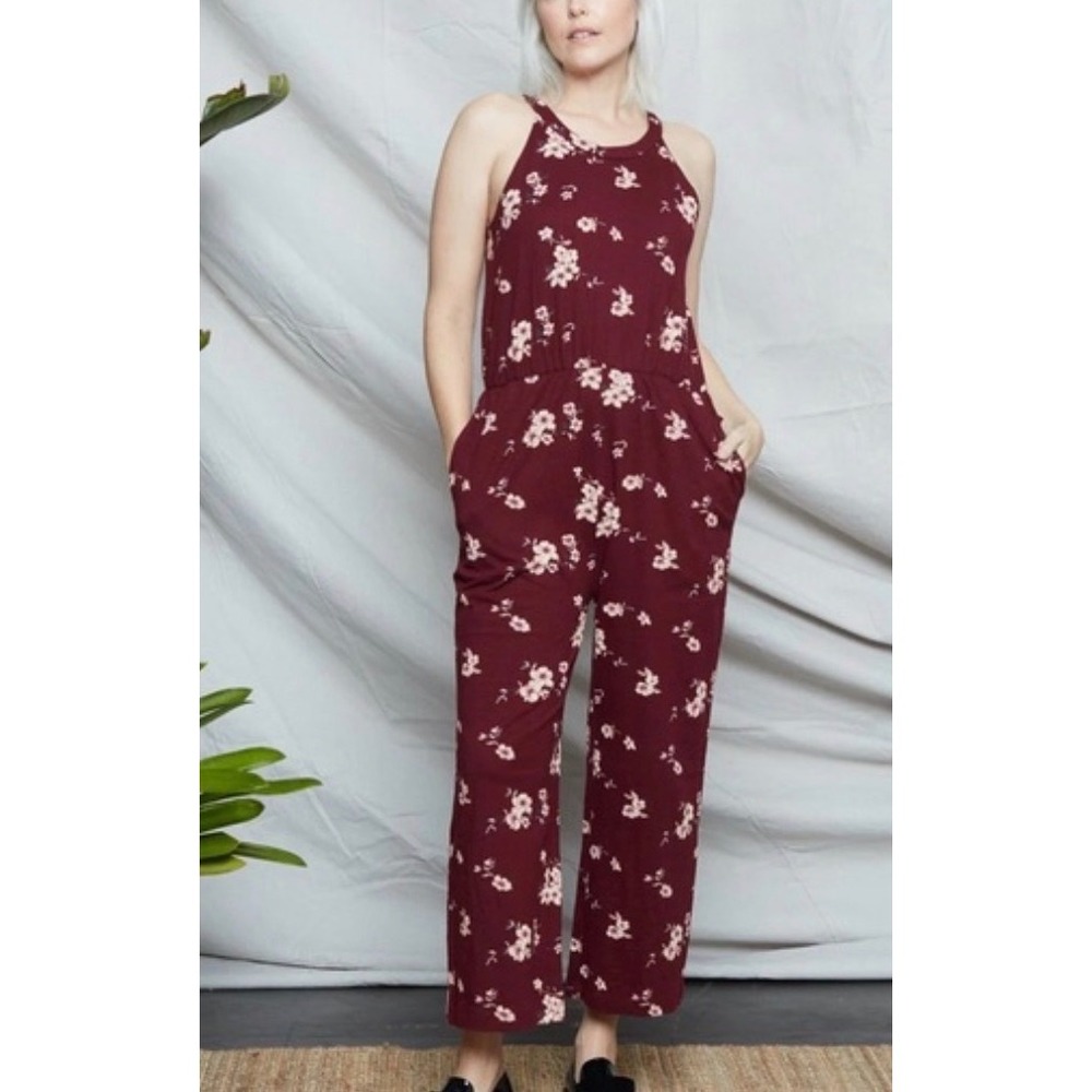 Natural by KNOWN SUPPLY Jumpsuit Womens M Burgundy Floral Wide Leg Boho Summer
